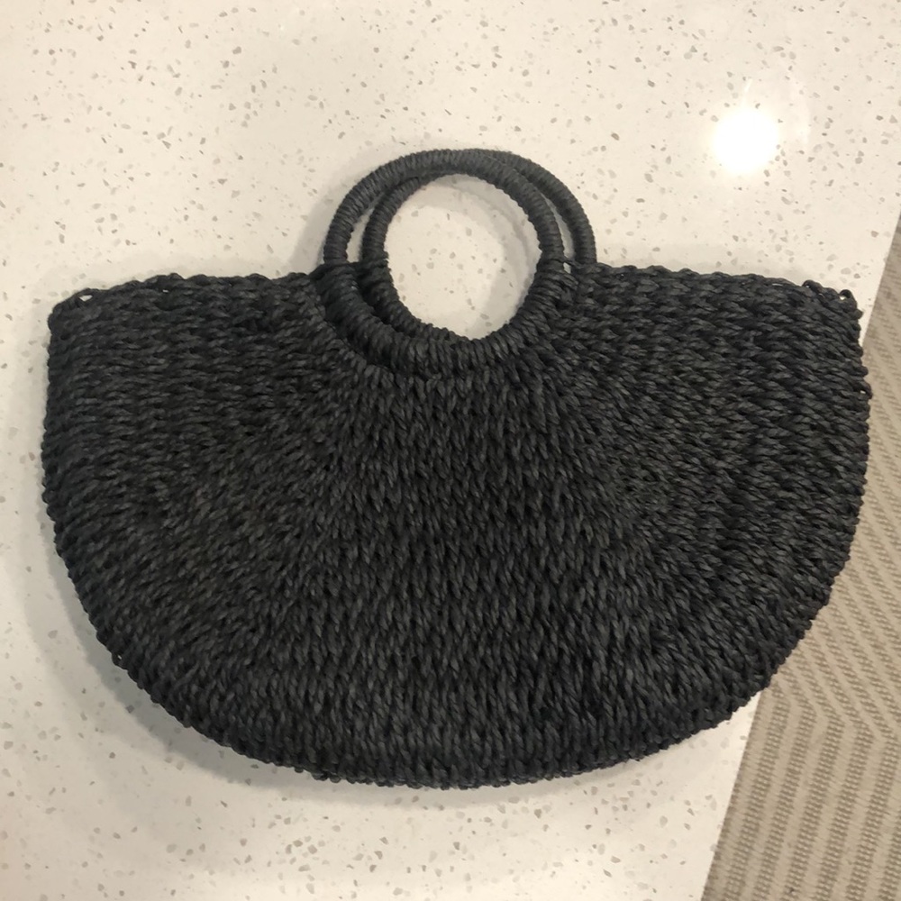Woven Straw Half-Moon Crossbody Bag in BLACK